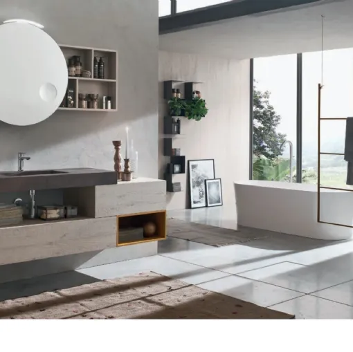 Mobile da Bagno sospeso in melaminico Nodato Bianco con top integrato in HPL effetto ruggine Wind 46 di Ardeco