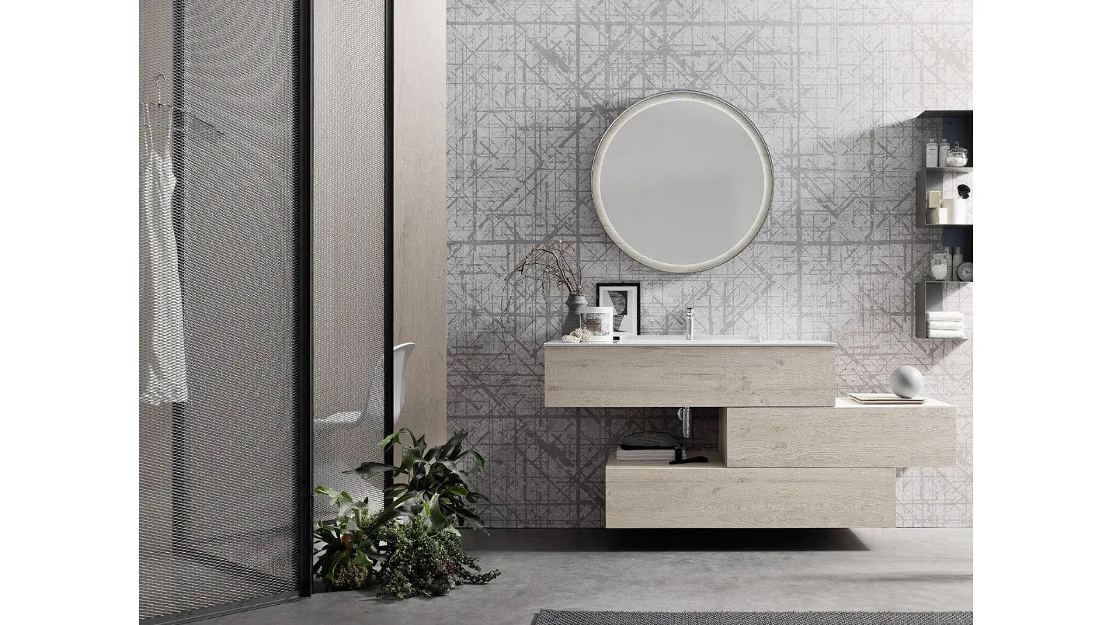 Mobile da Bagno sospeso in melaminico Nodato Bianco con top in mineralmarmo Wind 47 di Ardeco