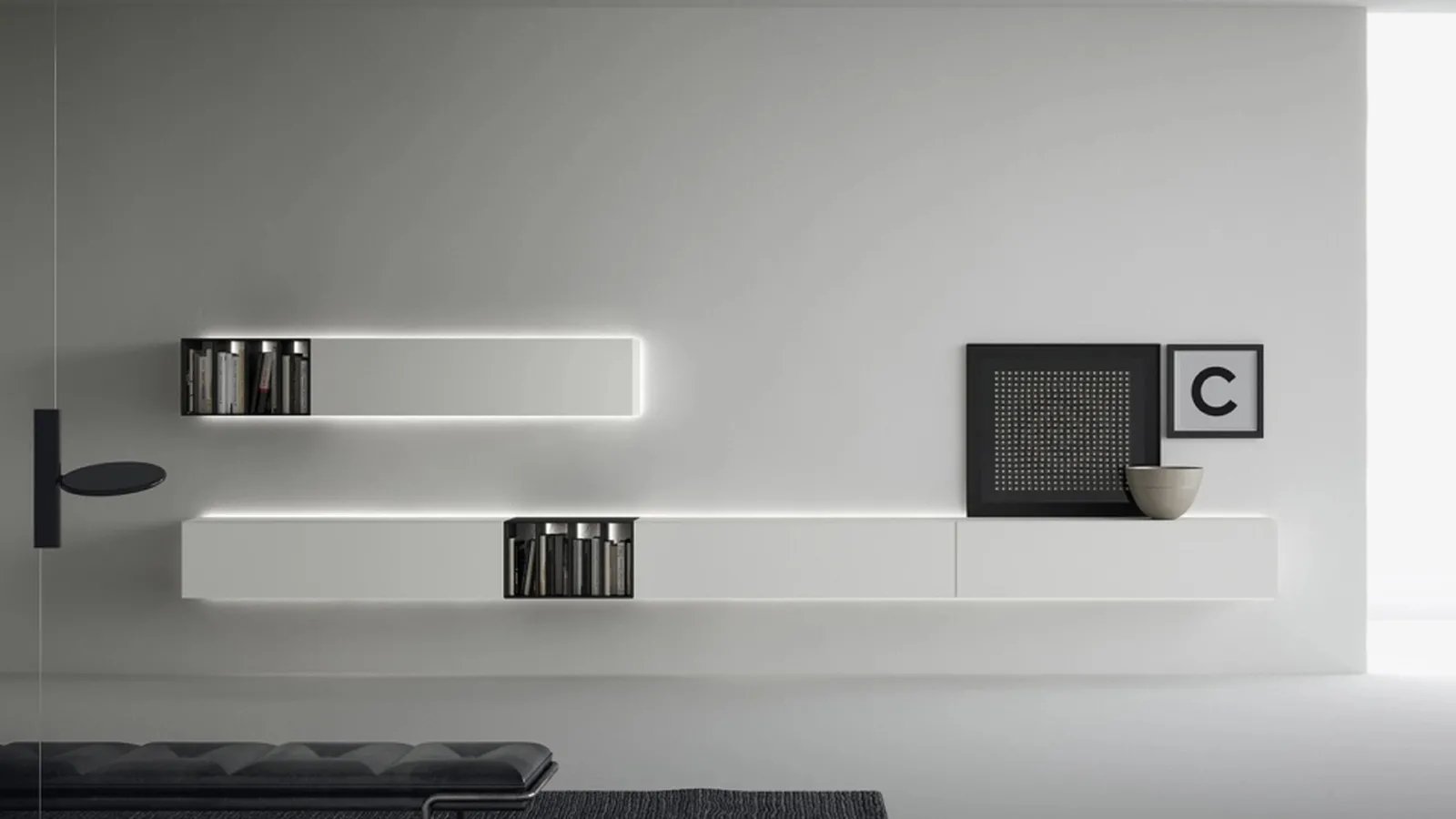 Parete Attrezzata Contenitori sospesi con Librerie di Caccaro