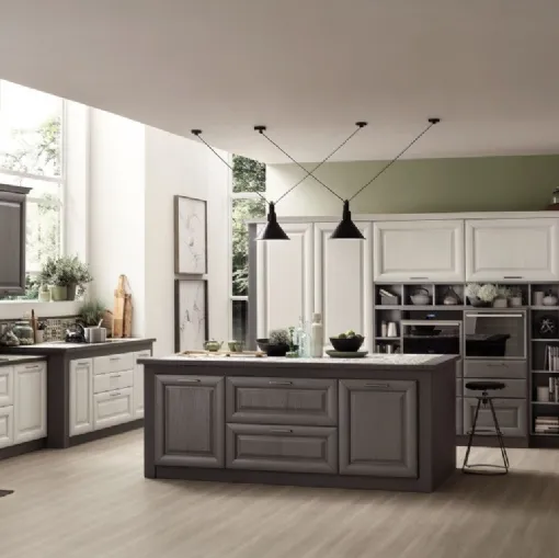 Cucina Classica con isola Lola in Frassino Decapè Ghiaccio e Grigio Antracite di Arrex