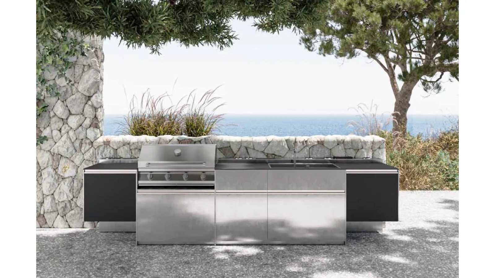 Cucina Design con isola Santorini 1|1 in acciaio inox e gres di Zampieri Cucine