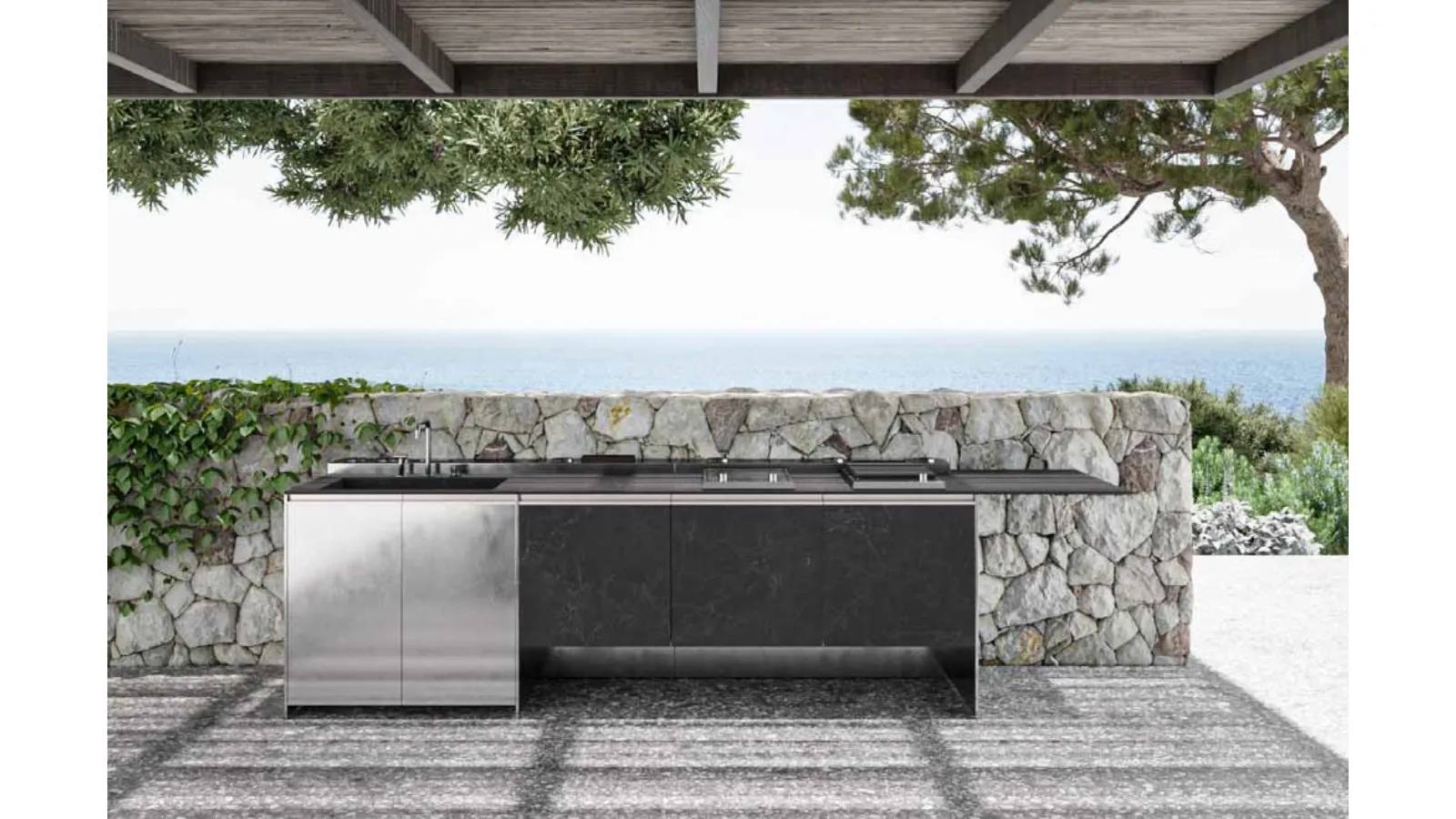 Cucina Design con isola Santorini 1|3 in gres e acciaio inox di Zampieri Cucine