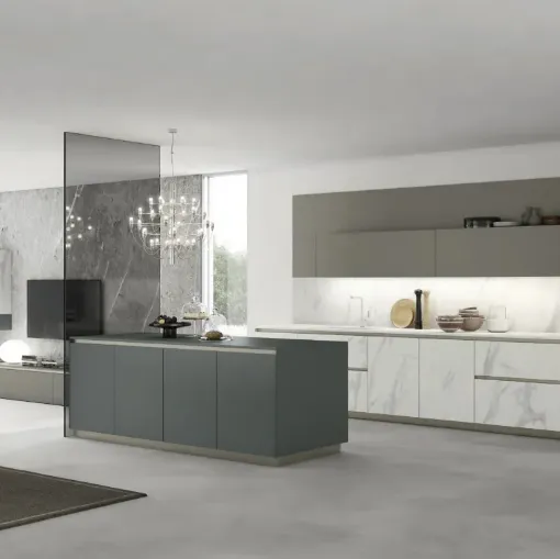 Cucina Moderna con isola AL 32 01 in HPL Calacatta, vetro e Fenix di Arrex