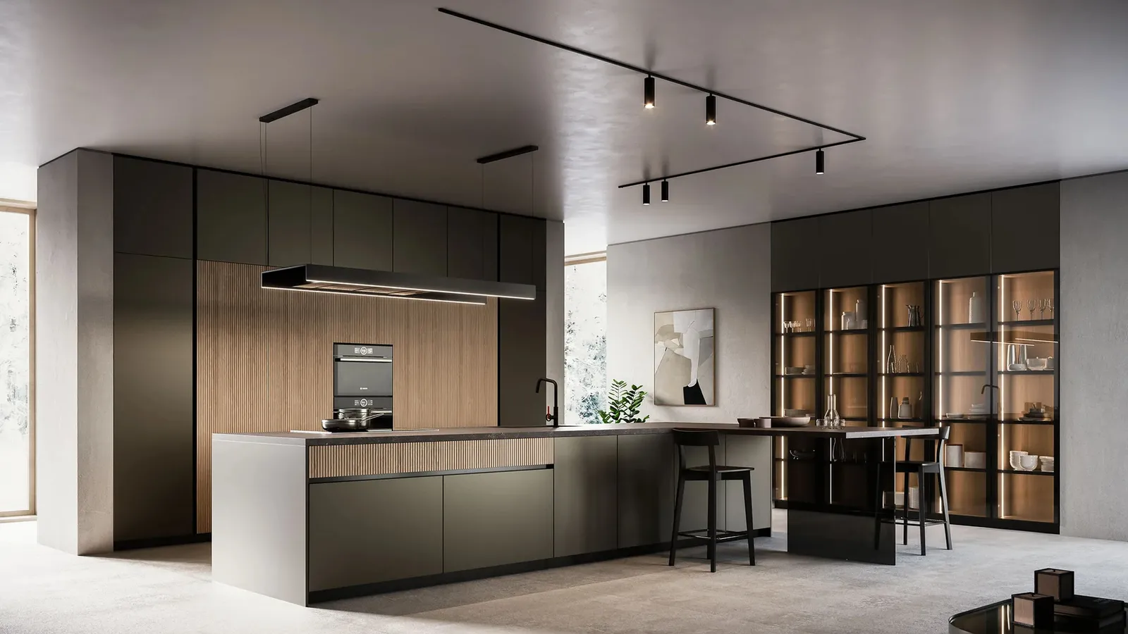 Cucina Moderna Asia con isola e penisola in laccato opaco e legno di Arredo3