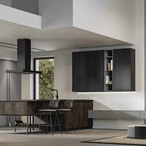 Cucina Moderna con penisola Loft 2|2 12 in Old Oak Petrolio e laccato di Arrex