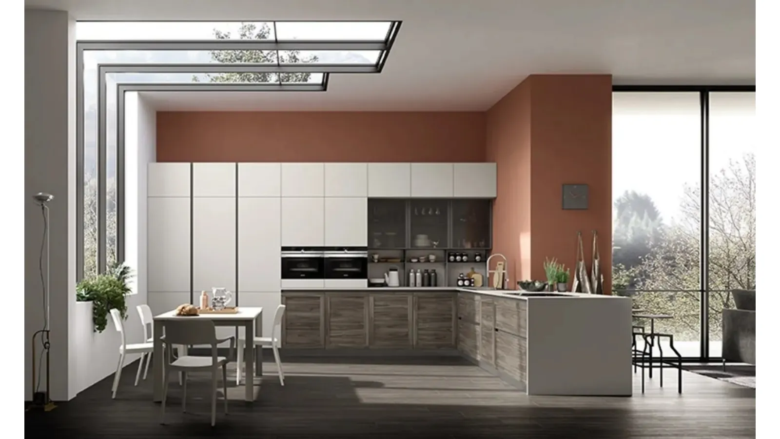 Cucina Moderna con penisola Twin 07 Okobo Dark e laccato Grigio di Arrex