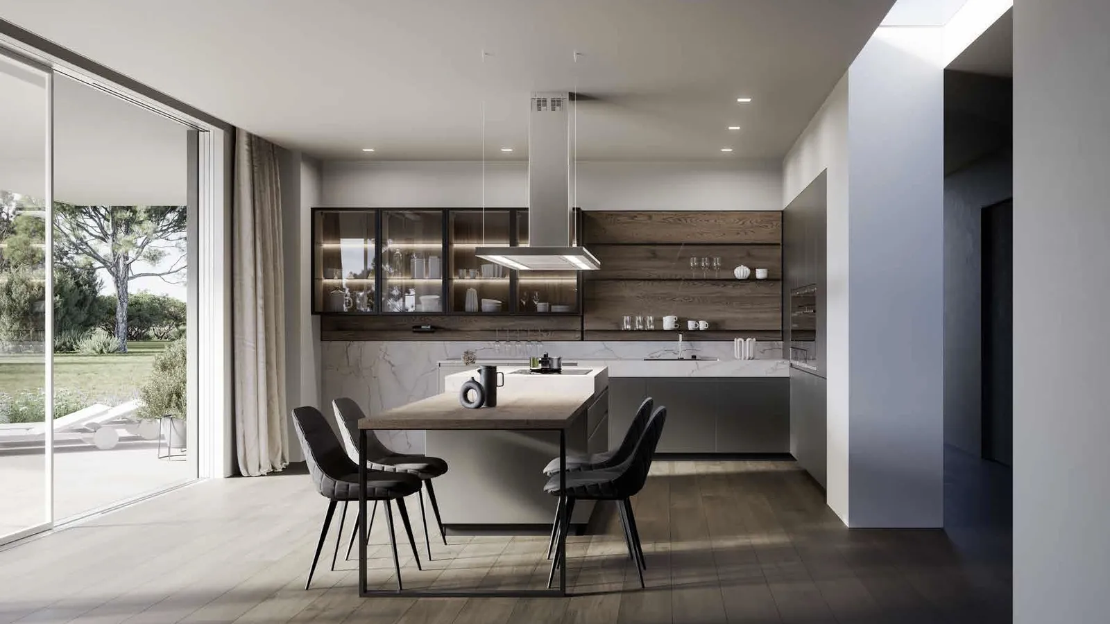Cucina Moderna in laccato metallizzato e rovere safari con isola Wega 04 di Arredo3