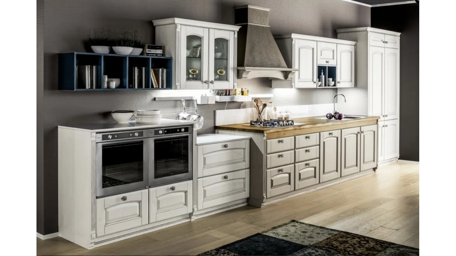 Cucina Shabby Chic lineare Magda 05 in legno di Rovere Decapé Gesso e Ecru di Arrex